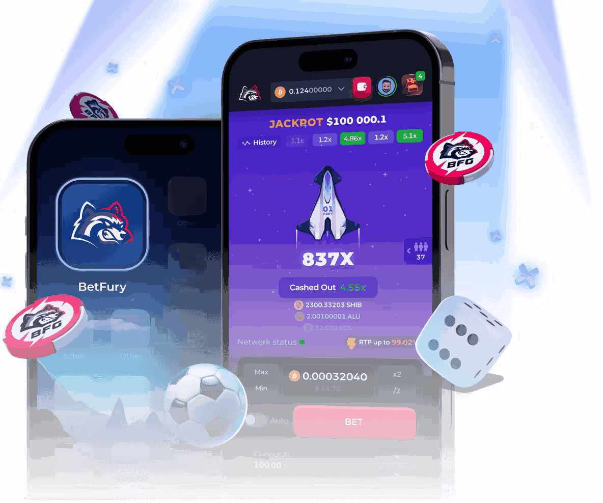 BetFury app shown on mobile screens with casino game interface
