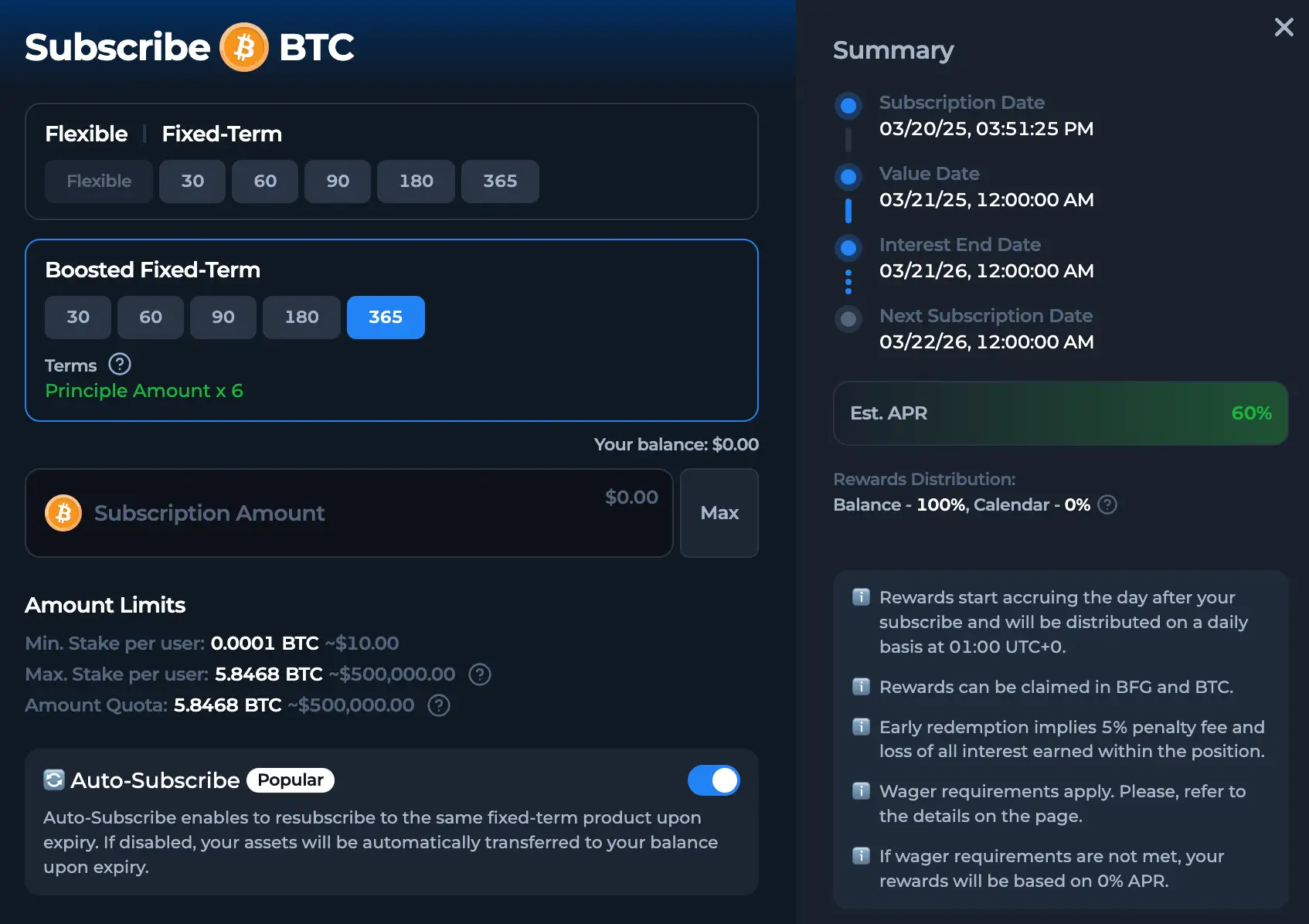 BetFury boosted fixed-term BTC staking example
