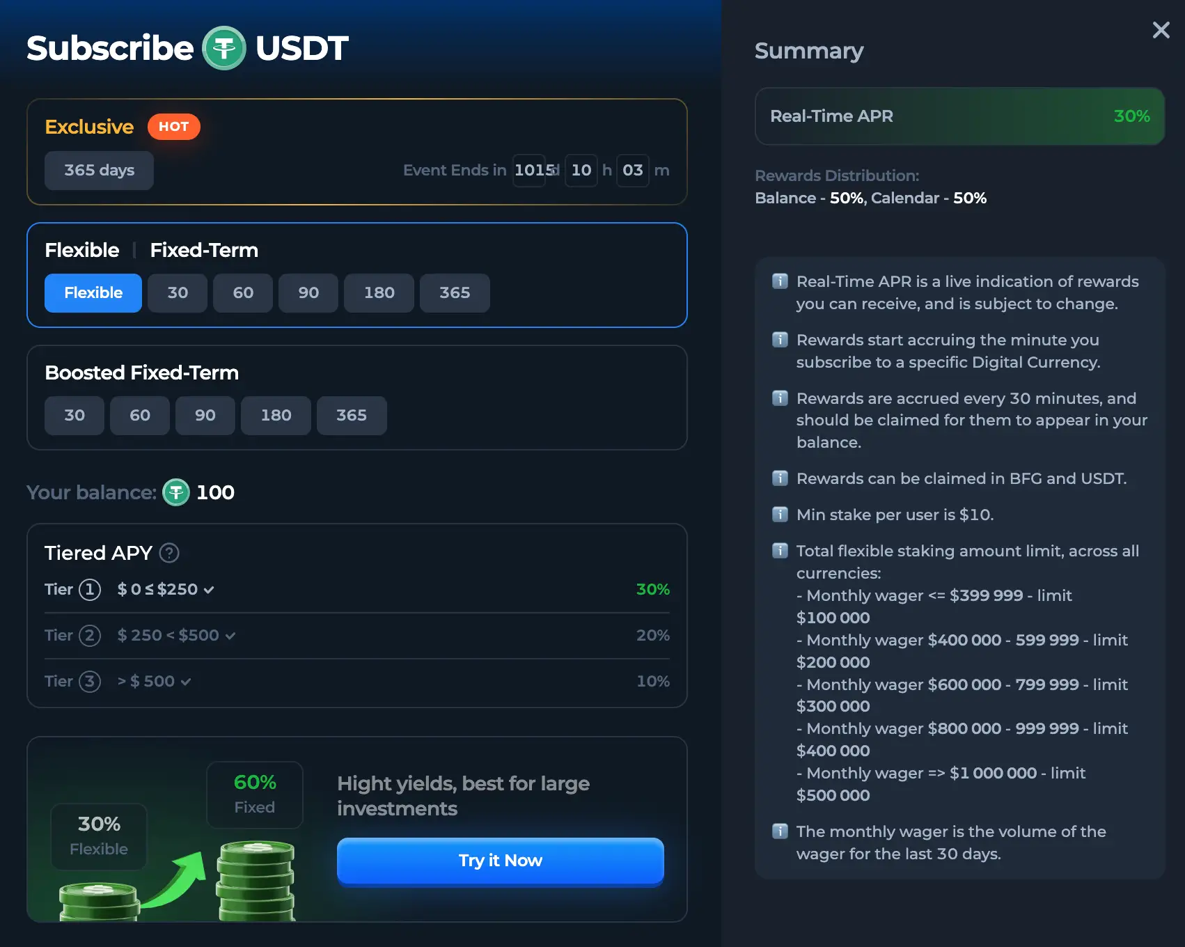 BetFury flexible USDT staking example