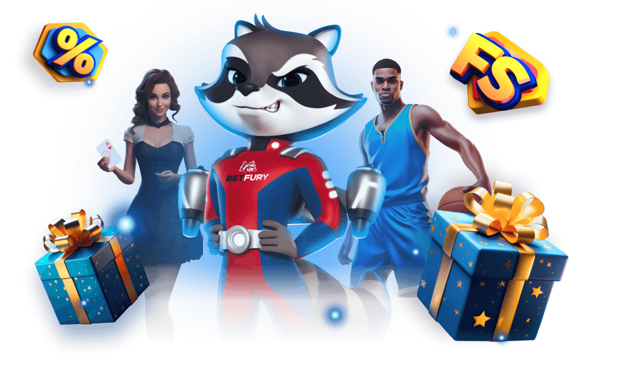 BetFury welcome bonus characters with free spins symbols and gift boxes